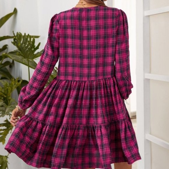 BOHO Plaid ruffle hem lantern sleeve dress plum - Picture 3 of 6